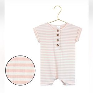 Lou Lou & Company Hannah Ribbed Romper. White and pastel pink striped.